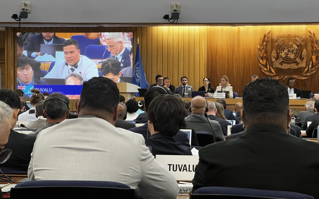 Tuvalu Minister for Transport, Energy, Communications and Innovation Simon Kofe delivers a closing statement on behalf of Fiji, Republic of the Marshall Islands, Palau, Vanuatu, Seychelles, and Tuvalu at the International Maritime Organization.