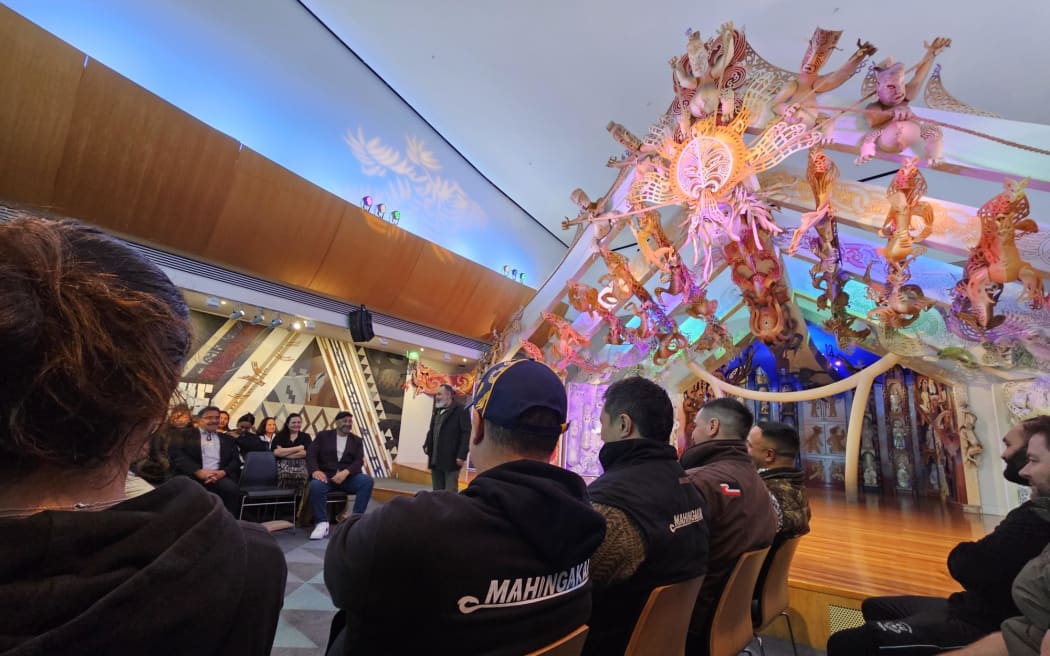 The pōwhiri for the Kura Reo Taiao at Rongomaraeroa Marae at Te Papa.