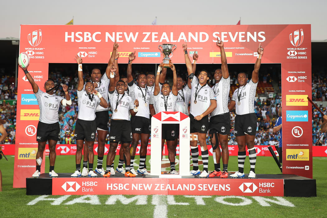Fiji celebrate their second straight Hamilton 7s title.