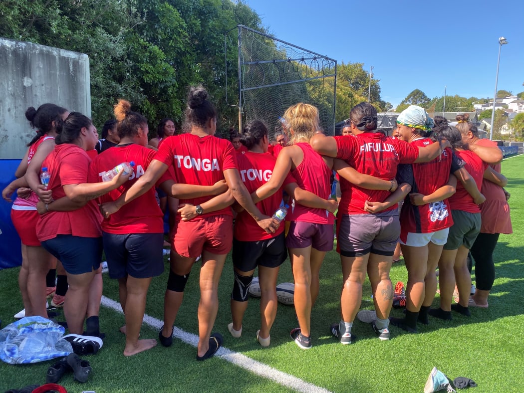Tonga women's XV give feedback after final Auckland training session.
