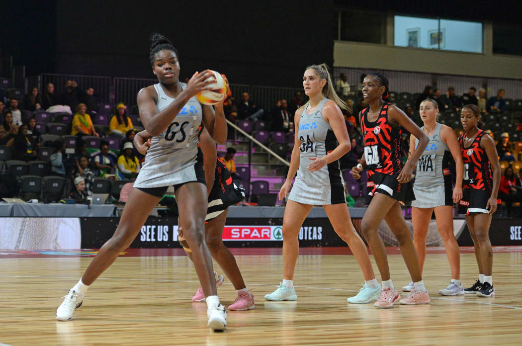 Silver Ferns shooter Grace Nweke in action against Trinidad & Tobago in their opening group match of the Netball World Cup in Cape Town.
