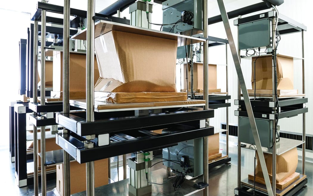 Cardboard boxes being tested in the WHITE room at Scion, which mimics conditions in a commercial cool store.,