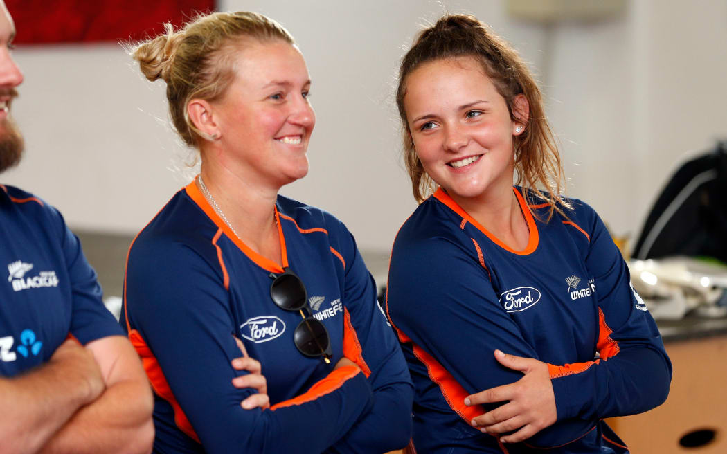 Liz Perry (left) and Amelia Kerr at a school visit in 2017.