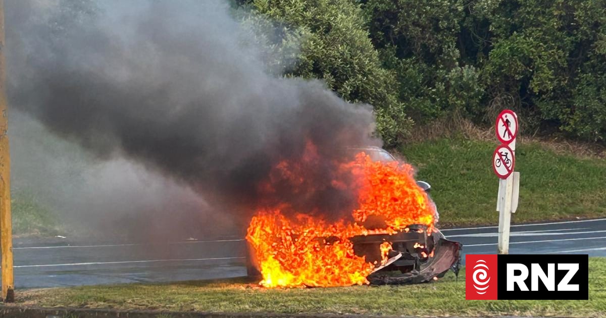Car catches fire by SH1 offramp near Sylvia Park