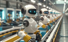 A series of humanoid robots with blue eyes working on an assembly line in a high-tech manufacturing plant.