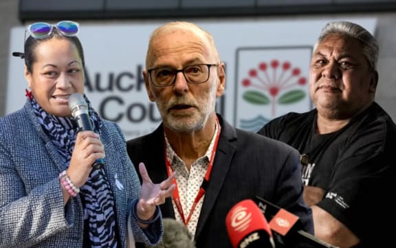 Councillors Lotu Fuli, left, and Alf Filipaina, right, with Mayor Wayne Brown, centre, who accused them of “being Pacific victims” despite data showing they attended more meetings than him in the last quarter. Photo/Auckland Council/RNZ/Stuff Ricky Wilson via LDR