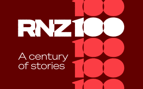 16 x 10 RNZ podcast cover with bold white text “RNZ” on a dark red background. Below it, the subtitle reads “A century of stories” in white. On the right side, the number “100” is repeated vertically in red, except for one instance in white.