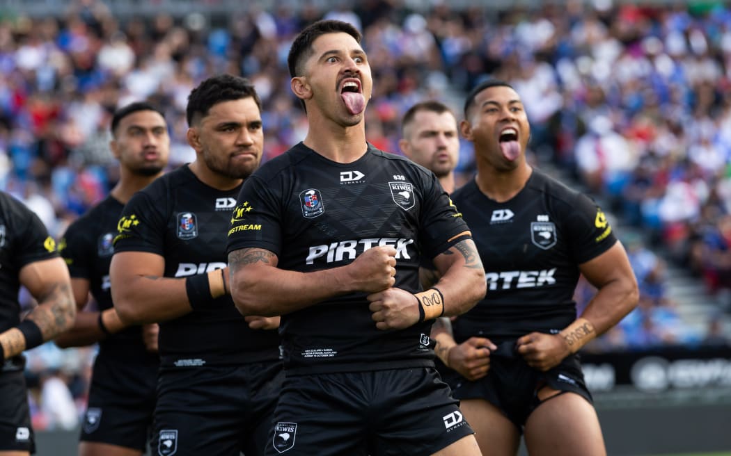 Kiwis Jeremy Marshall-King during the haka before the Paciﬁc Championships rugby league test.