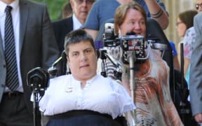 Thalidomide survivors Lynette Rowe (front) and Monica McGhie leave court.