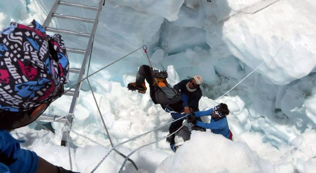 The rescue of a Sherpa after the Everest avalanche on Friday.