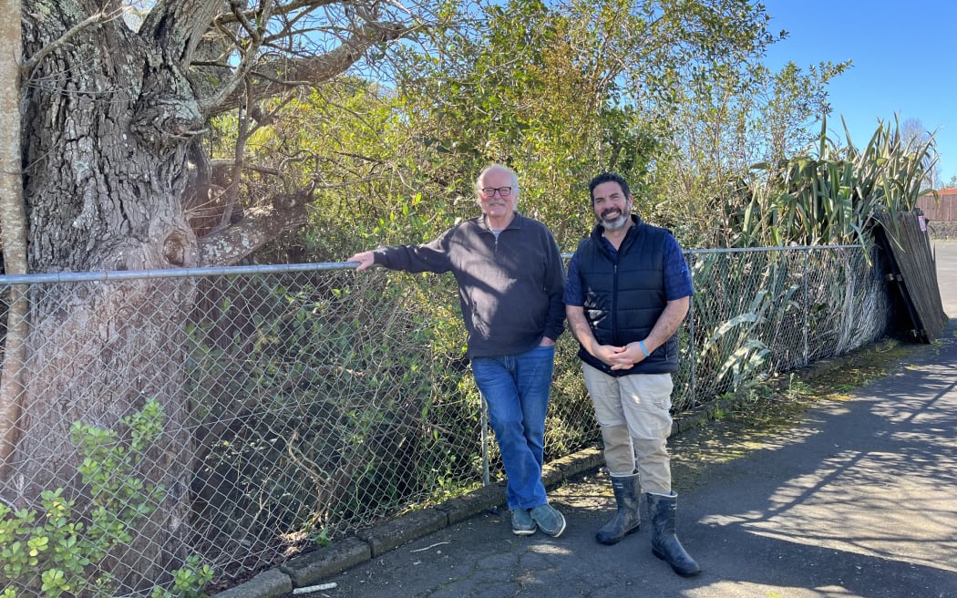 Peter Nelson (left) and Dion Pou, next to the creek in Te Atatū that Auckland Council plans to turn into part of a stormwater pipe.