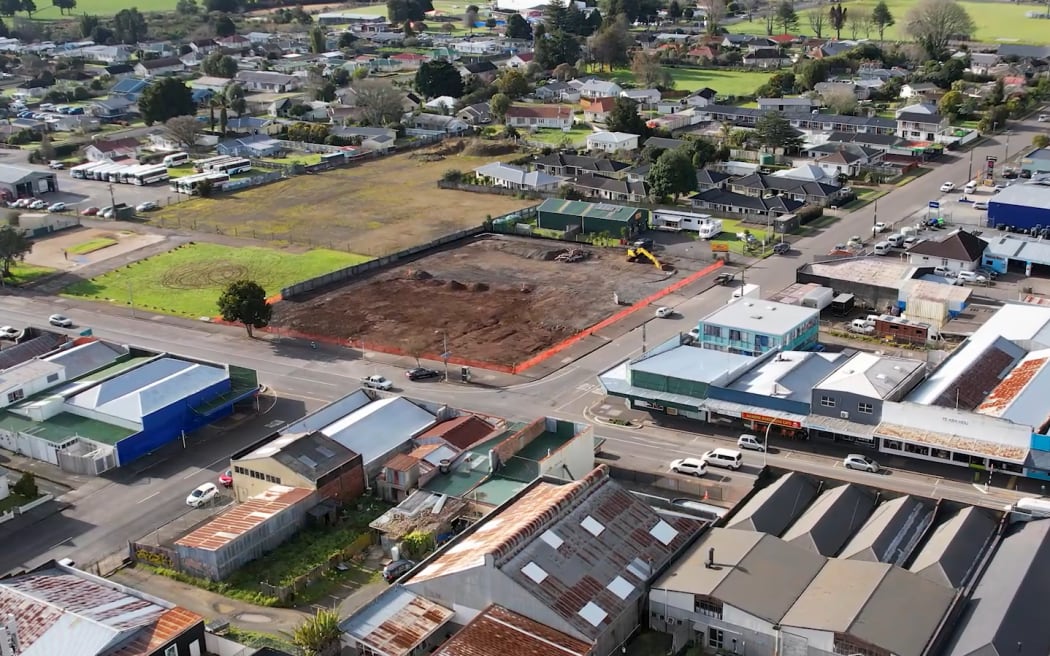 Aerial view of the construction site at the corner of Broadway and Raihara Street.