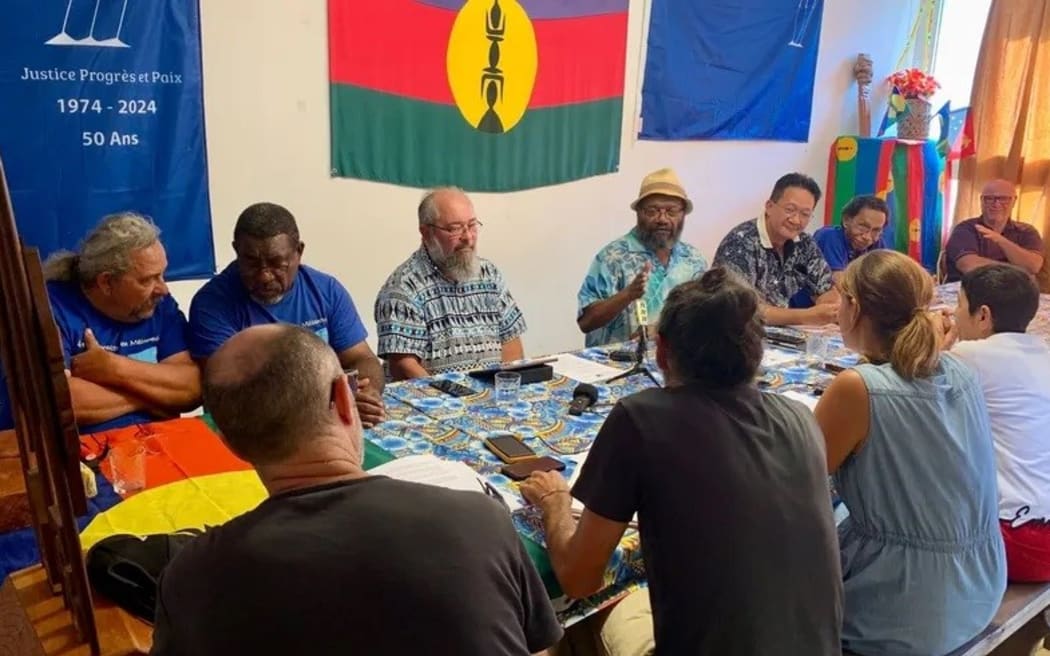 Pro-independence Progressist Union in Melanesia (UPM) leader Victor Tutugoro and the party’s political bureau at a media conference on Wednesday, 19 November 2025 in Nouméa – PHOTO NC la 1ère