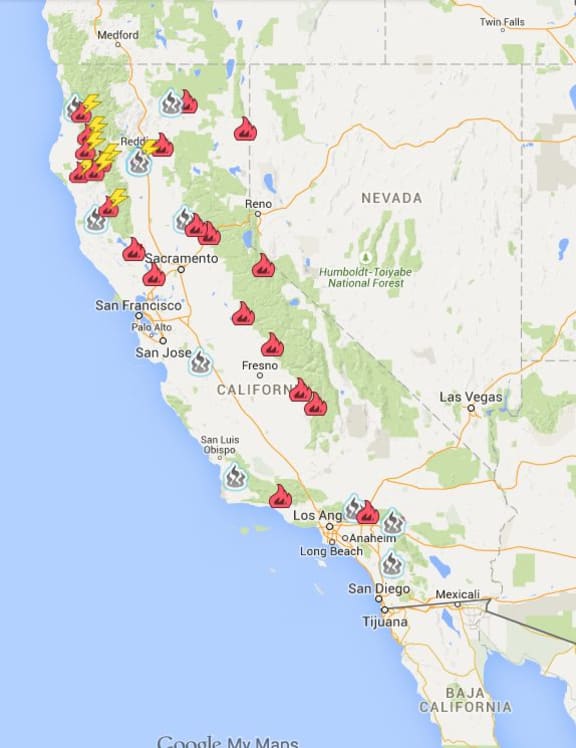 The location of fires currently burning in the US west.