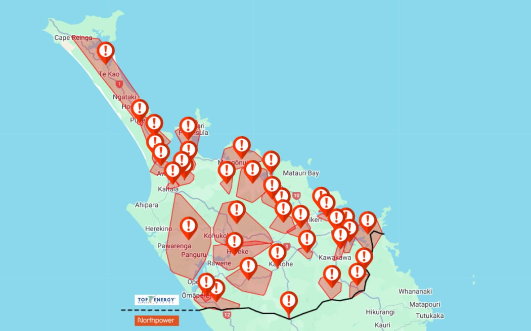 A Northpower map of electricity outages in the Far North as severe weather from Cyclone Tam hits the Upper North Island.