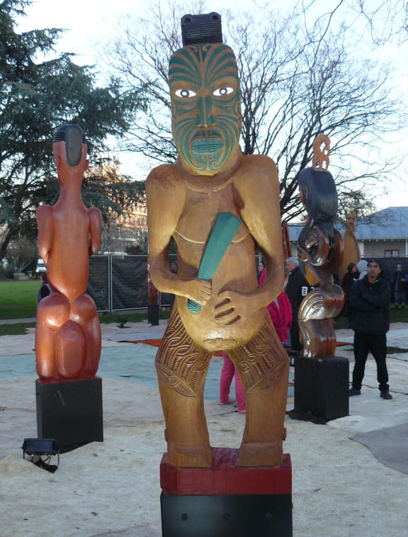 The pou have been placed so each faces the direction of the marae it represents.