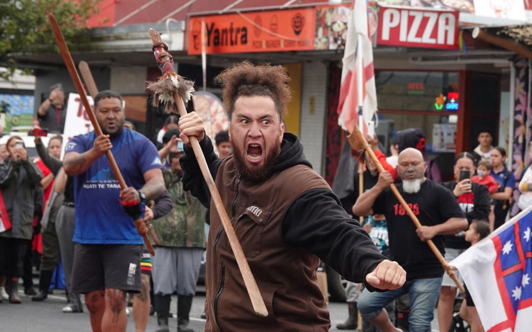 Te Kauri McPherson leads the haka in Kawakawa.