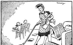 1948 cartoon depicting a mother doing housework while supervising children's schooling from home
