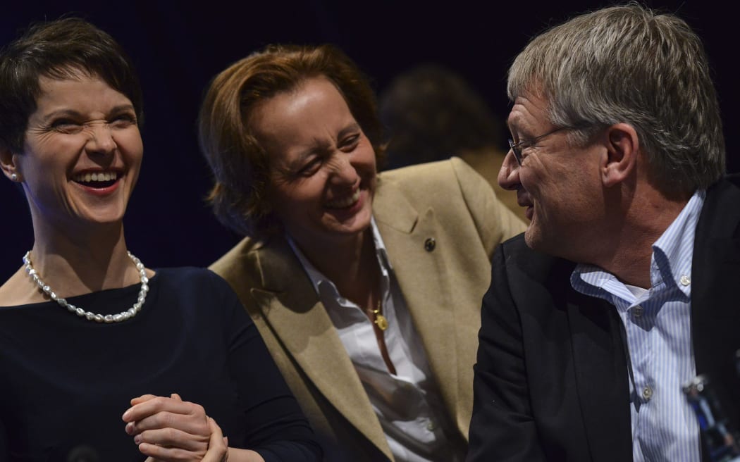 (from left ) Frauke Petry, leader of the German right wing AFD party, and her deputies Beatrix von Storch and Joerg Meuthen.