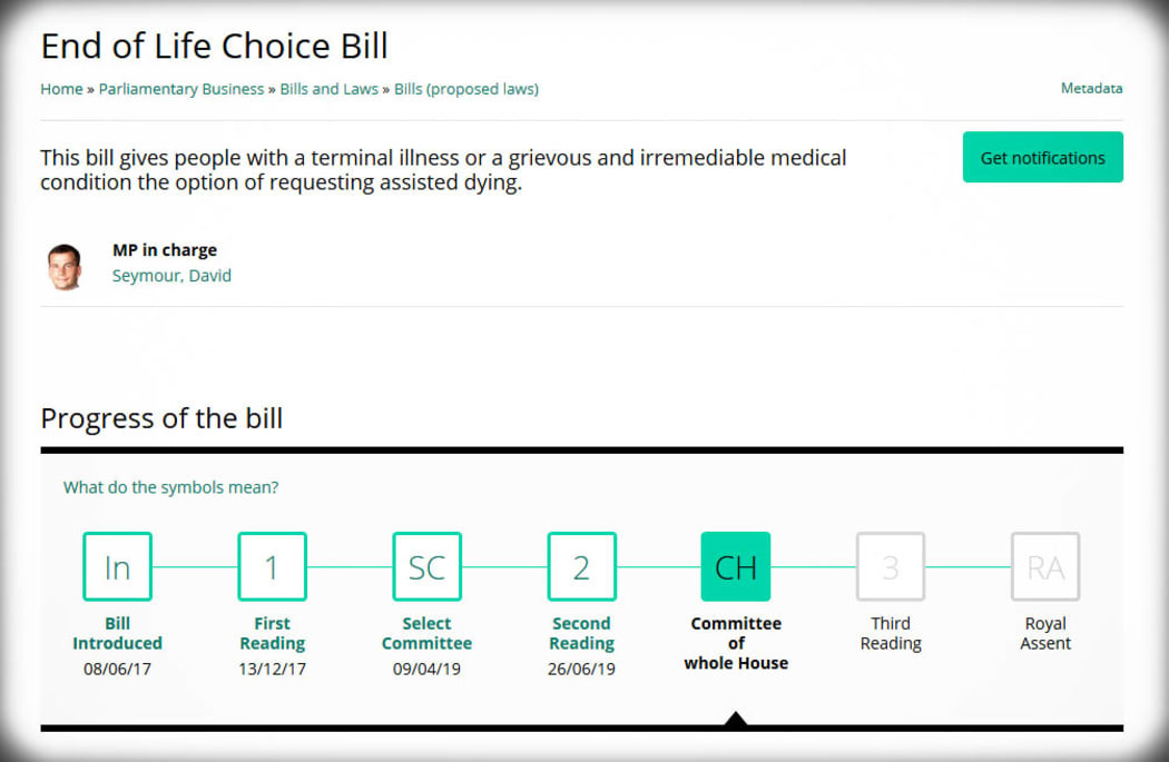 A screenshop of the End of Life Choice Bills progress which is tracked on Parliament's website.