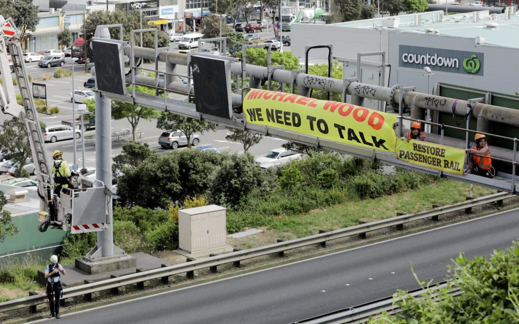 Restore Passenger Rail gantry protest in Wellington