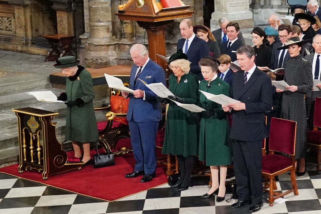 Queen Elizabeth II with Prince Charles, Camilla, Duchess of Cornwall, Princess Anne and Vice Admiral Timothy Laurence, with second row (from left) Prince William, Prince George and Catherine, Duchess of Cambridge at a memorial service for Prince Philip at Westminster Abbey 29 March 2022.