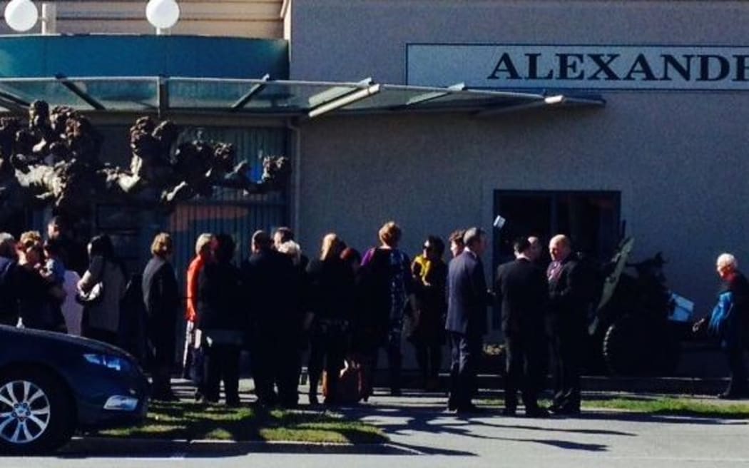 Crowds gather outside the Alexandra District Club for the funeral of Ashburton shooting victim Leigh Cleveland.