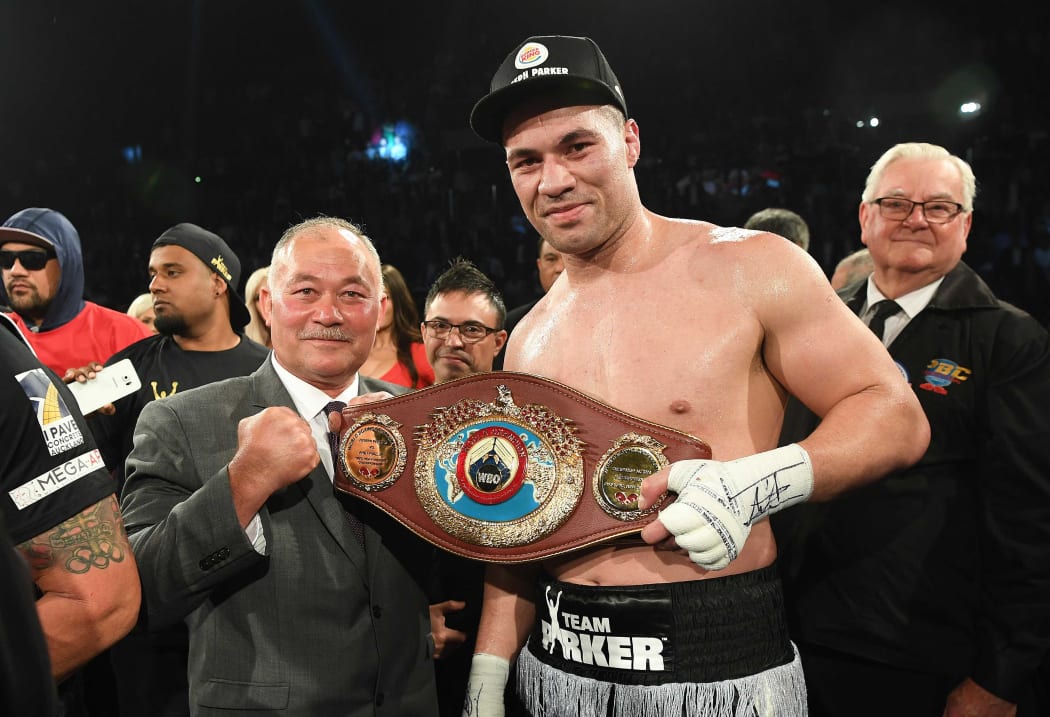 New Zealand heavyweight boxer Joseph Parker with his Dad, Dempsey after defeating Andy Ruiz Jr for the WBO World Heavyweight Title