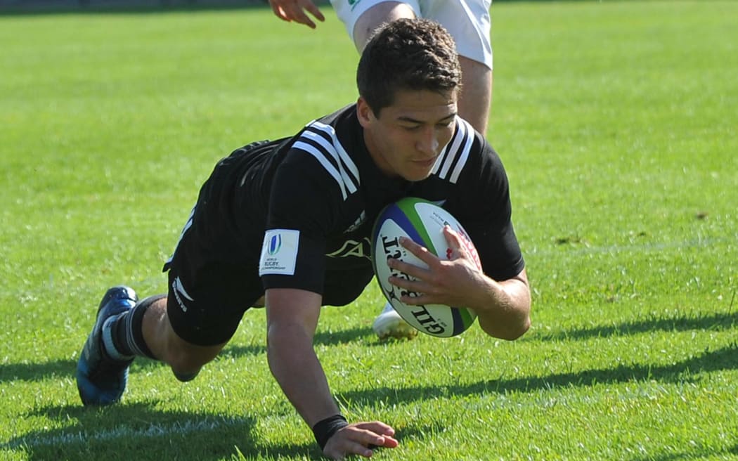New Zealand fly-half Tiaan Falcon dives over to score one of their 11 tries against Ireland at AIA Arena on day three of the World Rugby U20 Championship 2017 in Kutaisi; Georgia; on 8 June.