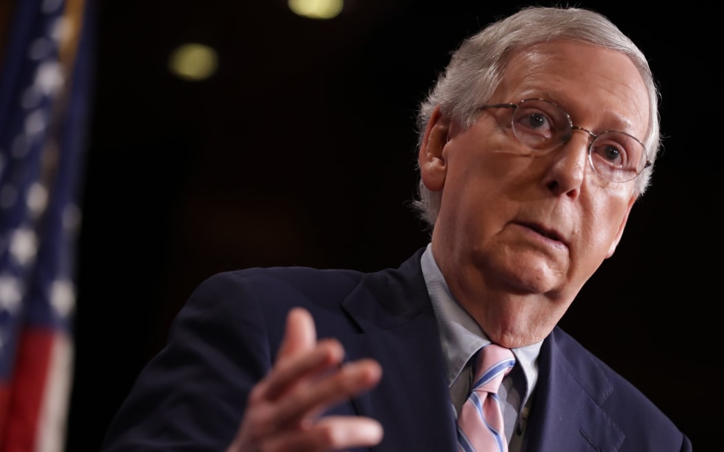 Senate Majority Leader Mitch McConnell talks to reporters after the Senate voted to confirm Supreme Court nominee Judge Brett Kavanaugh