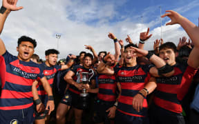 Hastings Boys High celebrate their win during the New Zealand Schools Final rugby match between Hastings Boys High and Hamilton Boys High, September 2017.