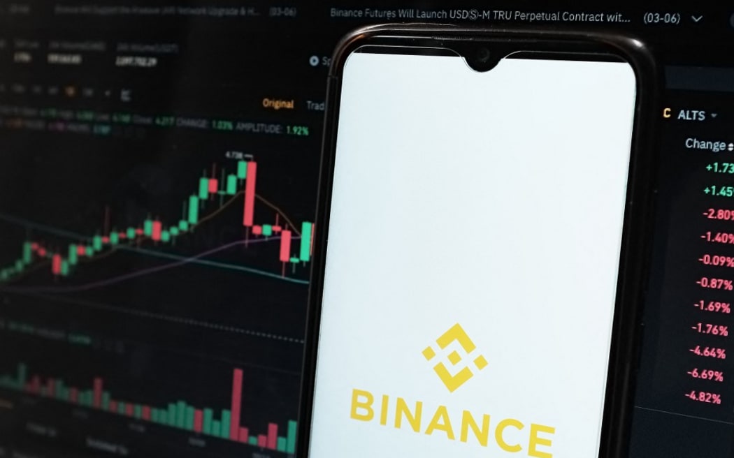A Binance logo is seen displayed on a smartphone screen and an Exchange graph on a MacBook screen.