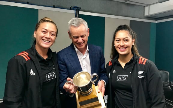Niall Williams and Tenika Willison join Guyon Espiner in the RNZ Auckland studio with the Lonsdale Cup.