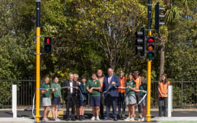 Pedestrian traffic signals being opened in Woodend by Waimakariri mayor Dan Gordon in February 2021.