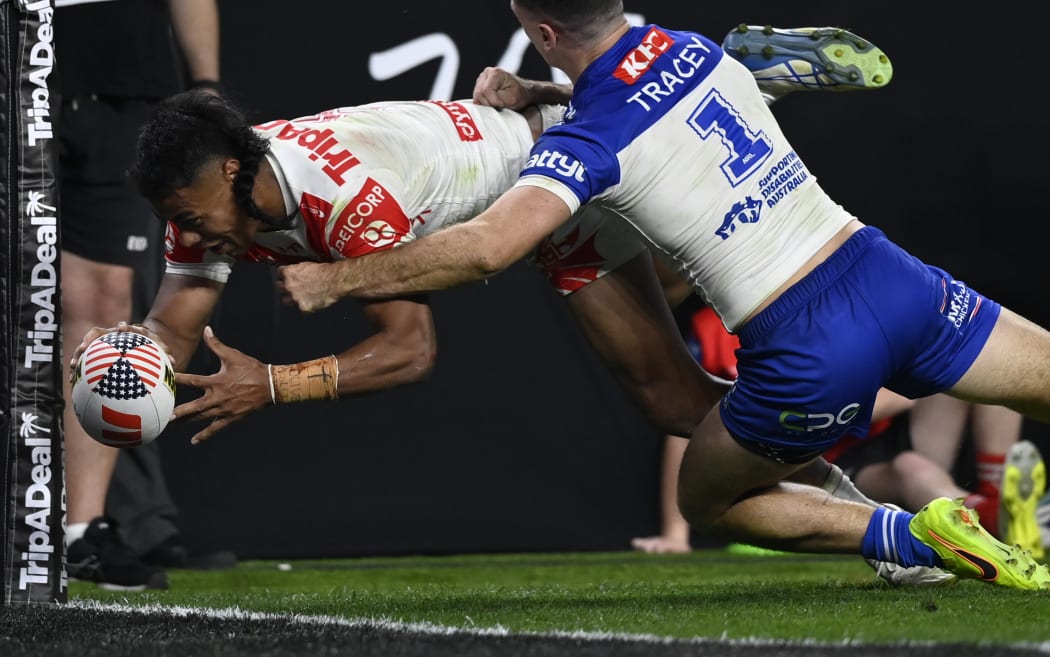 Setu Tu of the Dragons scores a try during the round one NRL match between Canterbury Bulldogs and St George Illawarra Dragons at Allegiant Stadium on February 28, 2026 in Las Vegas.