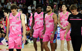 A dejected looking Tom Abercrombie of the Breakers (L) after defeat in the round 14 ANBL match between New Zealand Breakers and Perth Wildcats at Spark Arena, on Sunday, January 07, 2024.