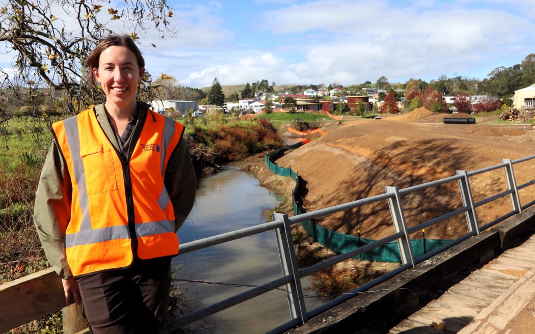 Northland Regional Council rivers project manager Meg Tyler at a deflection bank designed to protect Kawakawa businesses from flooding.