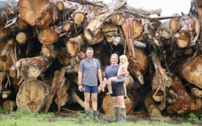 Todd and Holly McCammon with their daughter Isla, and some of the hundreds of trees that fell on their farm in October.