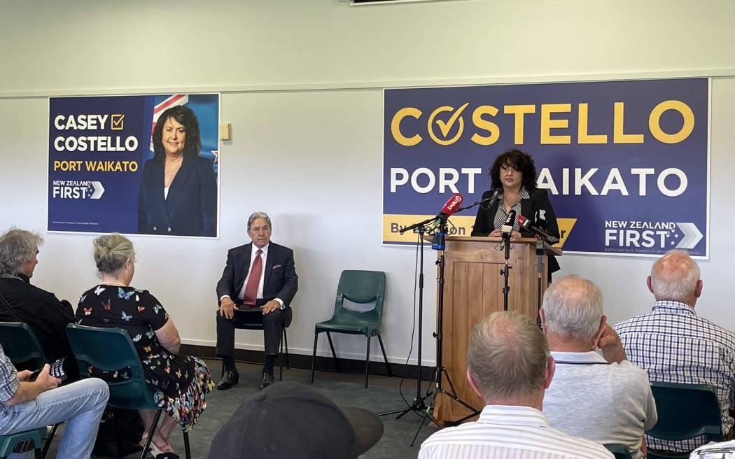 Casey Costello, right, and Winston Peters at the launch of New Zealand First’s campaign for the Port Waikato by-election.