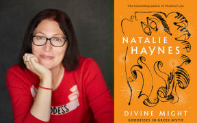 Headshot of woman next to book about Ancient Greek goddesses.