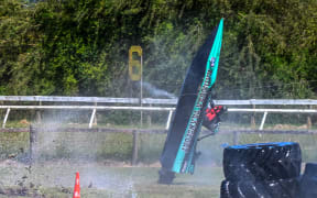 One of the boats after the collision at New Zealand Jetsprint Championship in Wairarapa