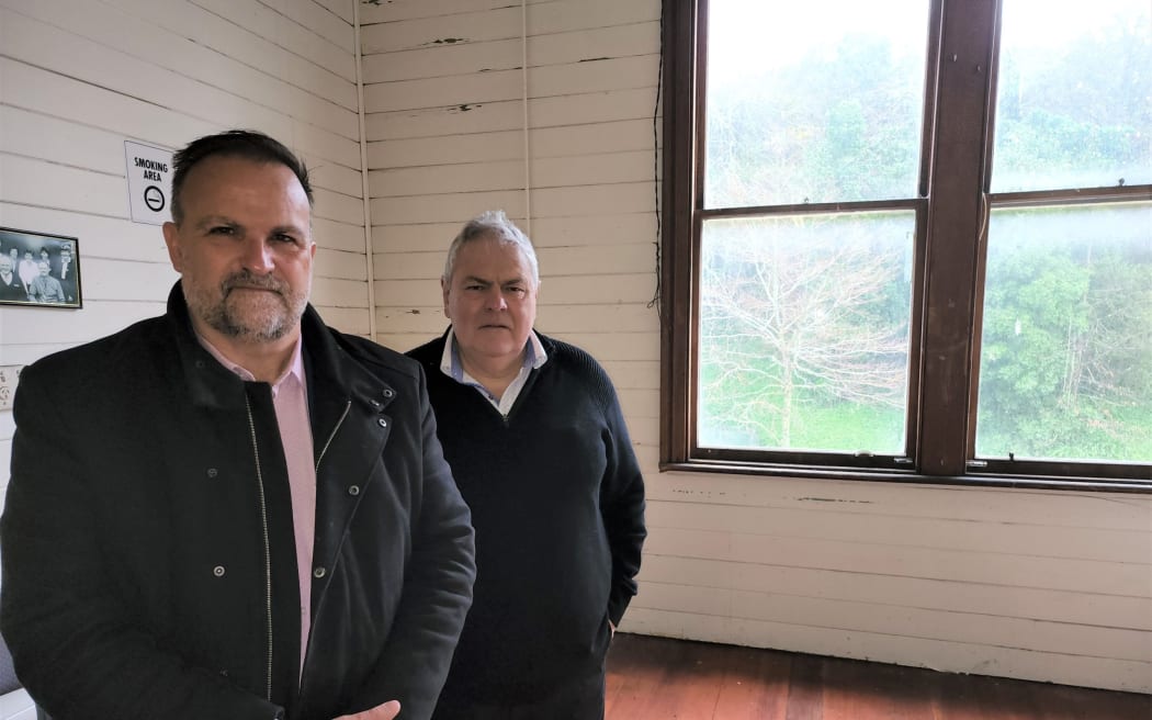 James Barron (left) and Warren Ruscoe in the Edwardian gentleman's offices in Whanganui, scene of the notorious incident that led to Whanganui mayor Charles Mackay's downfall in 1920.