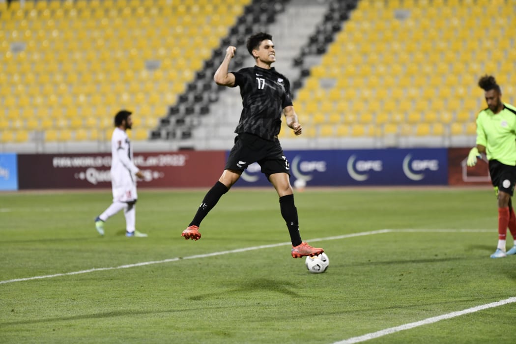Logan Rogerson celebrates scoring New Zealand's 2nd goal.