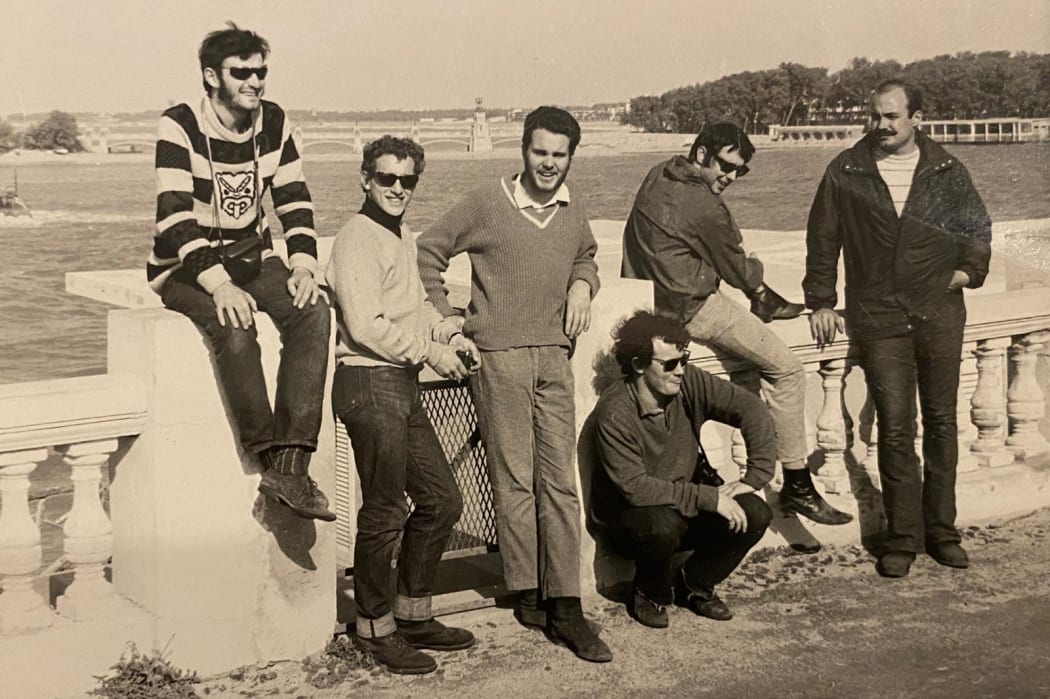A photo of the five (from left) unidentified Kiwi travellers in 1970. The man on the right was an American traveller.