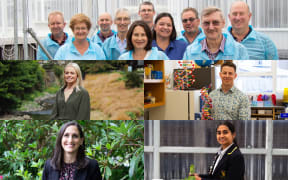 A collage of headshots of the winners of the Prime Minister's Science Prizes 2024. Across the top, the ten members of the Endophyte Discovery Team at AgResearch. In the middle row, on the left is Jemma Geoghegan and right is Aidan Kiely. On the bottom row, left is Olivia Harrison and right is Rena Misra.