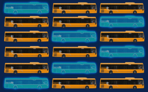 Several buses in a row, one in each row is a ghost bus.