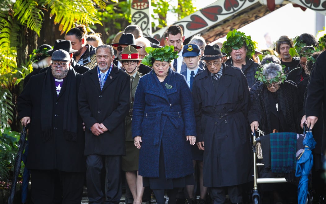 Dame Cindy Kiro and others entering Tuurangawaewae Marae, on the third day of the tangi for Kiingi Tuheitia, 1 September, 2024.