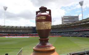 An Ashes trophy can be seen as the Test Series launch at the Gabba in Brisbane, 2021.