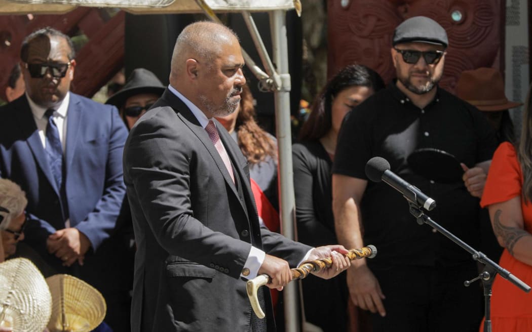 The third speaker from the hau kāinga - Labour MP and uri of Te Tai Tokerau Peeni Henare - delivers his kōrero at Waitangi 5 February 2024