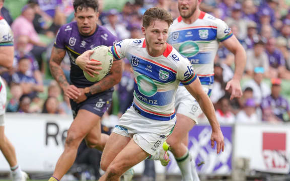 Luke Metcalf of the Warriors scores a try during the Telstra NRL Premiership match between the NZ Warriors and the Melbourne Storm.